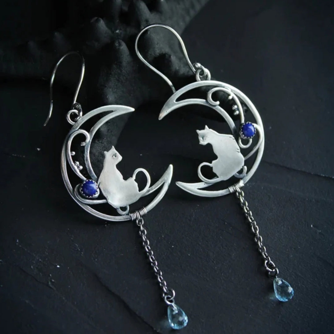 Boho Cat Earrings with Blue Zirconia in Sterling Silver