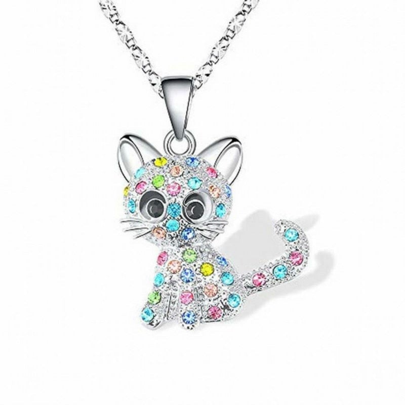 Sterling Silver Kitten and Colored Zirconia Necklace