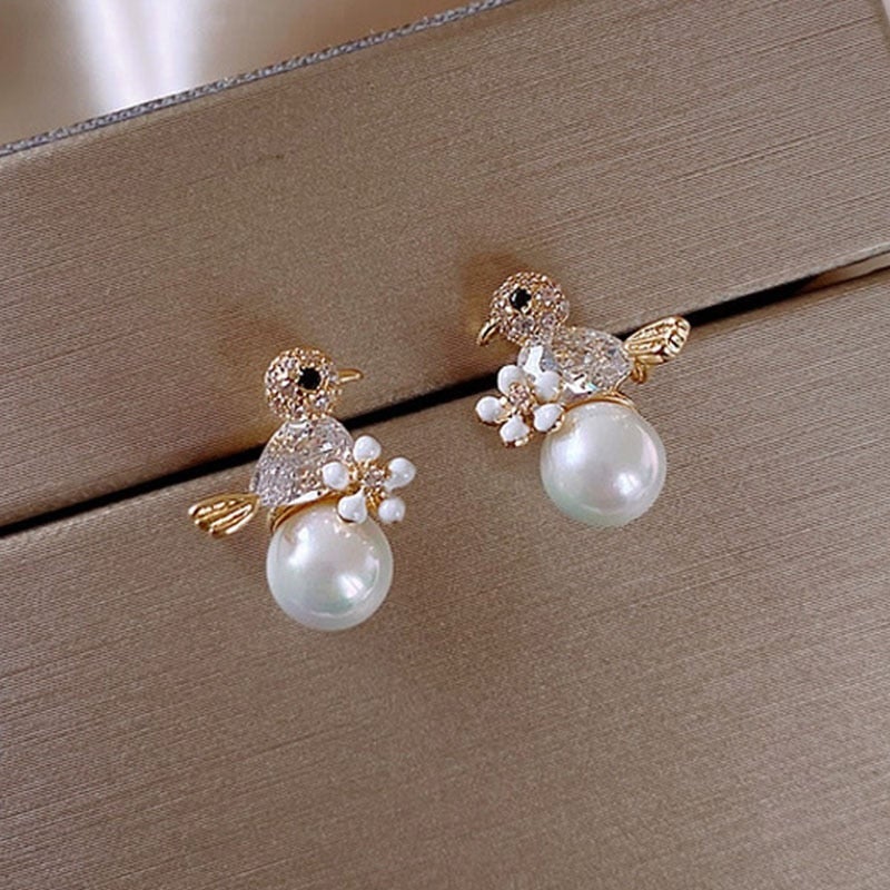 Elegant Bird Earrings with Cubic Zirconia and Pearl Inlay