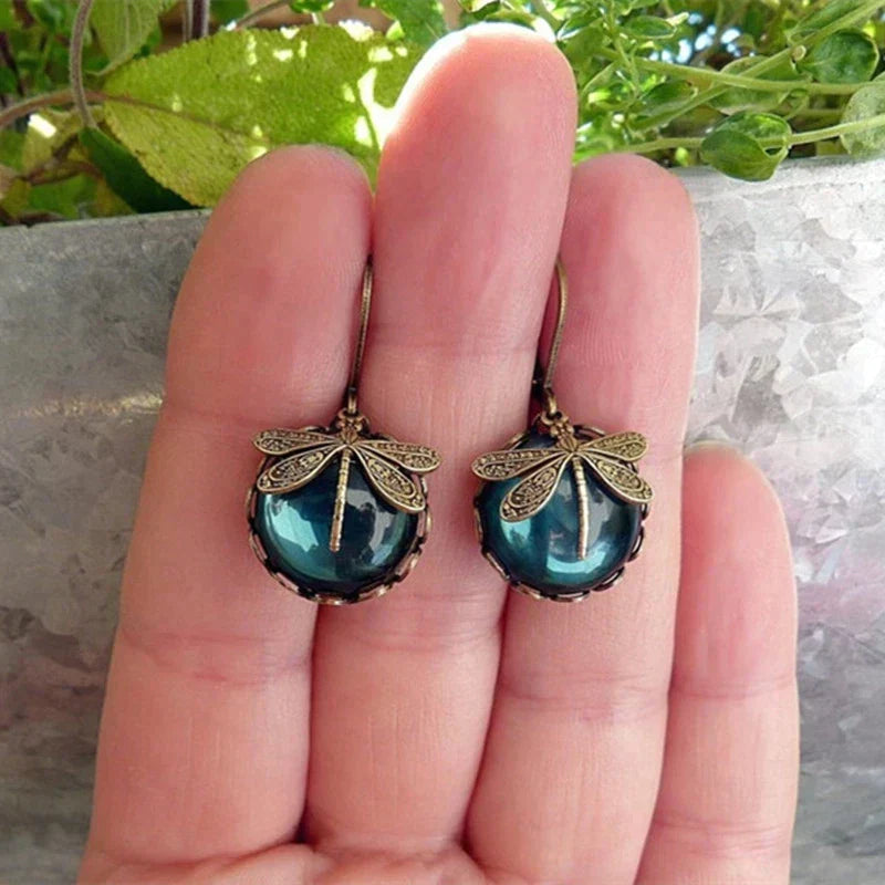 Antique Gold Spherical Dragonfly Earrings
