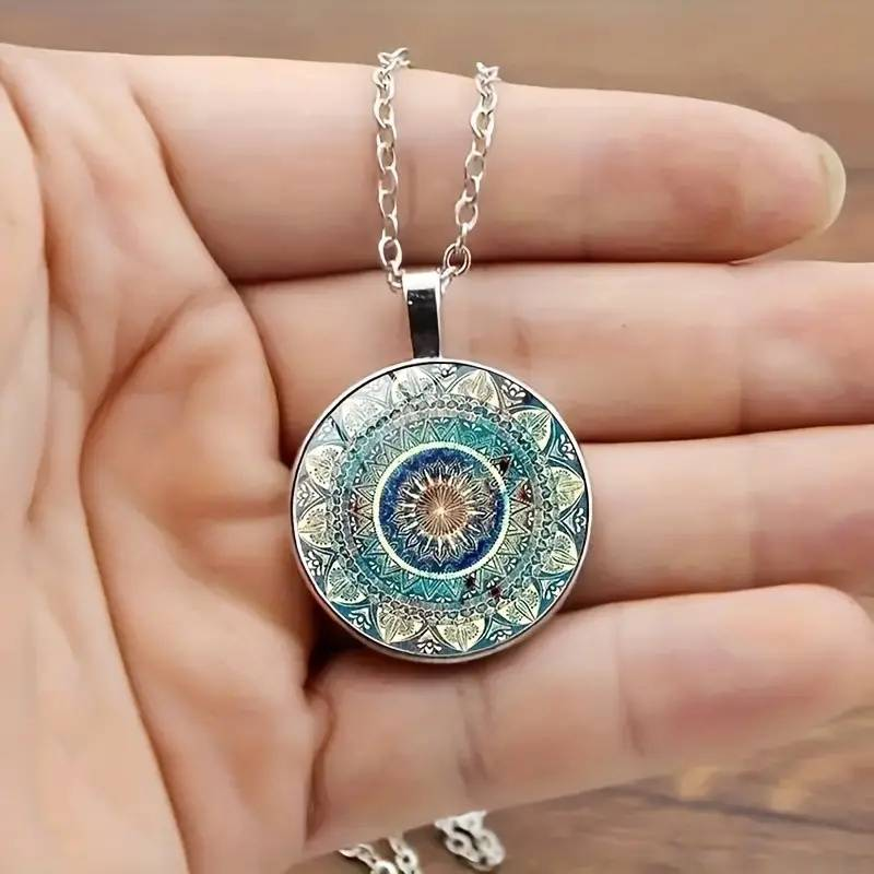 Retro Circular Blue Mandala Pendant Necklace