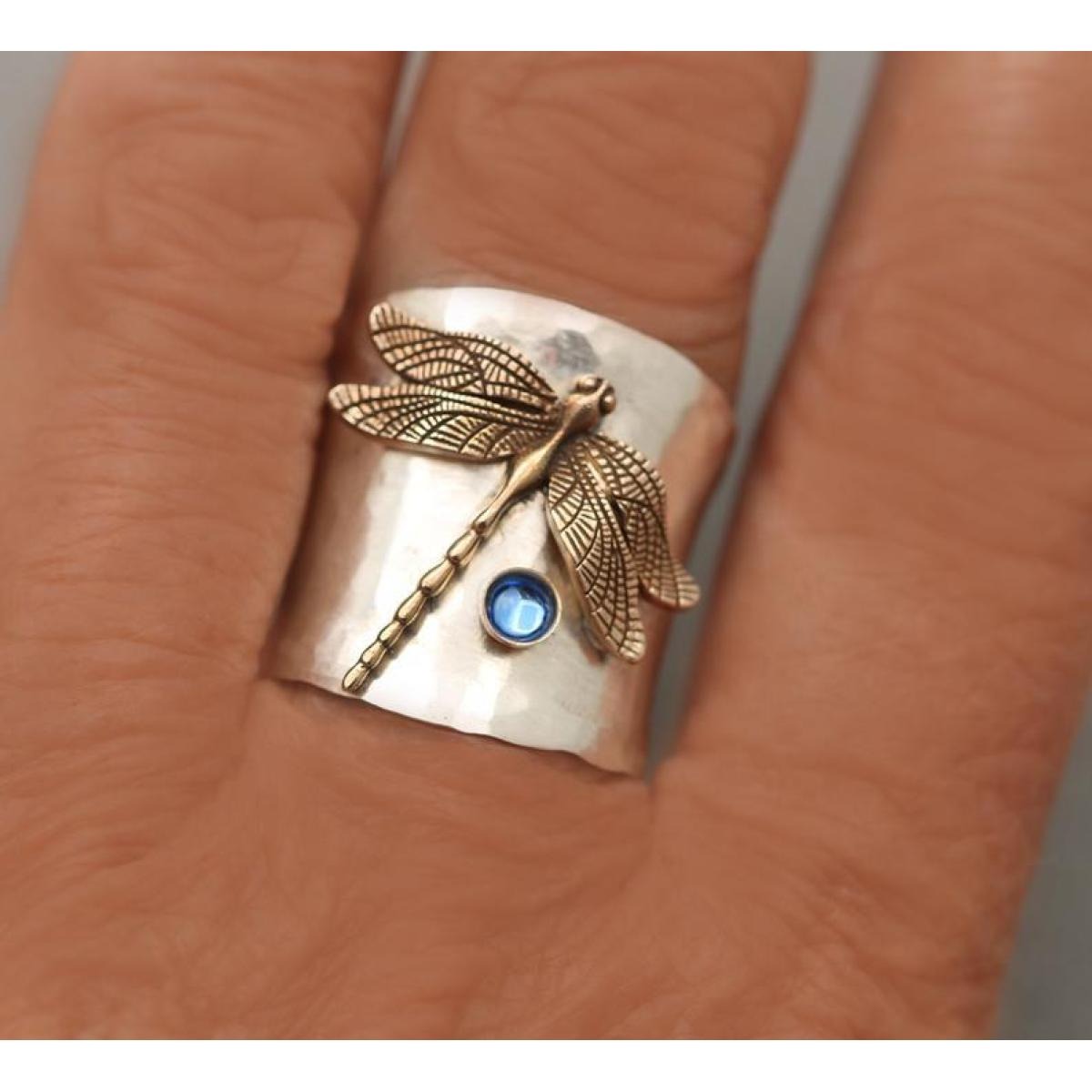 Antique-Inspired Silver Ring with Golden Dragonfly Design