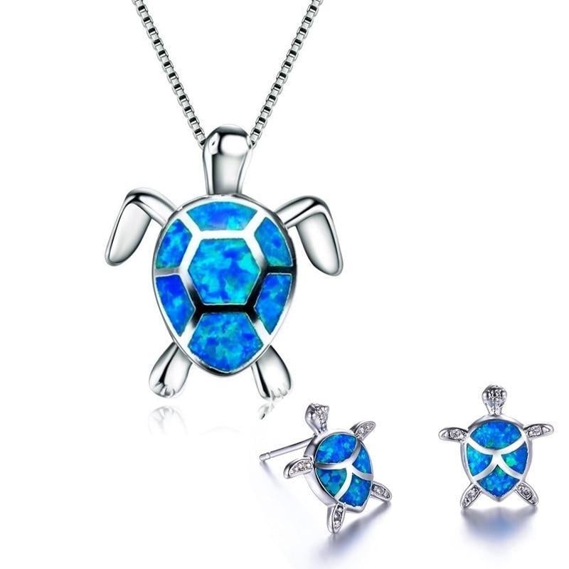 Opal and Silver Sea Turtle Necklace and Earrings Set