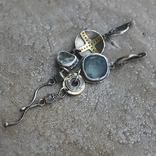 Blue Gemstone Cross Earrings
