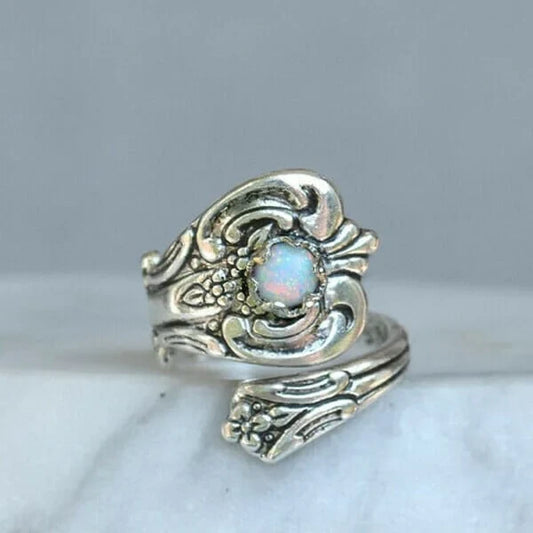 Adjustable Ring with White Opal Spoon Design