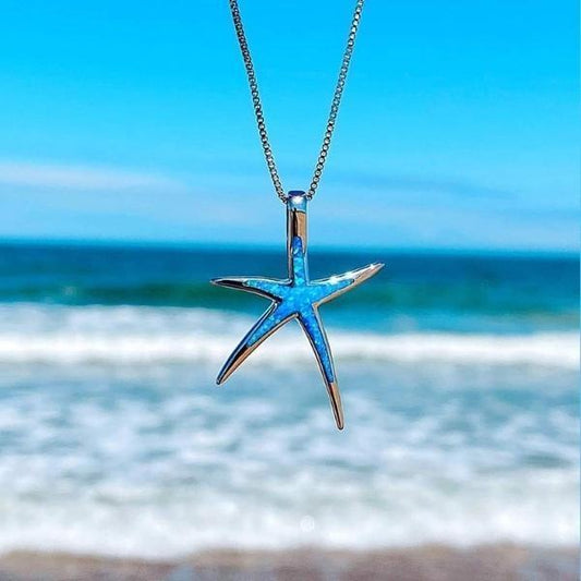 Blue Opal and Silver Starfish Pendant Necklace