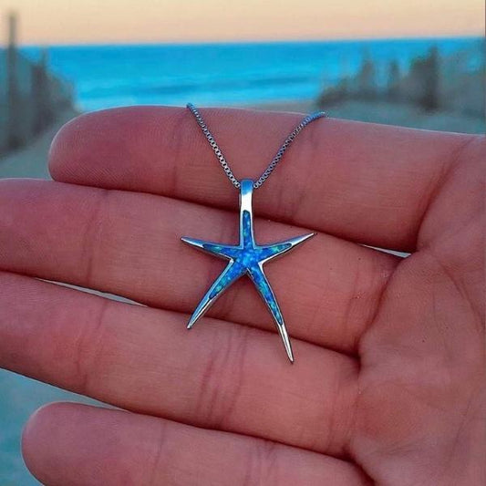 Blue Opal and Silver Starfish Pendant Necklace
