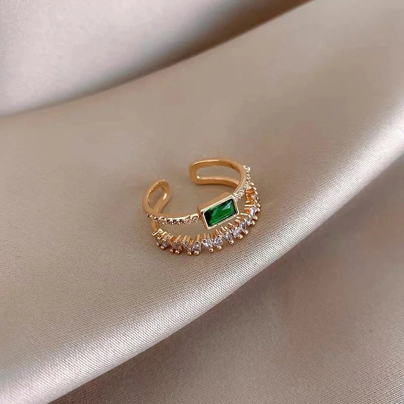 Adjustable Gold Ring with Emerald and Zirconia