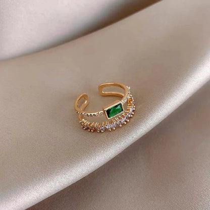 Adjustable Gold Ring with Emerald and Zirconia