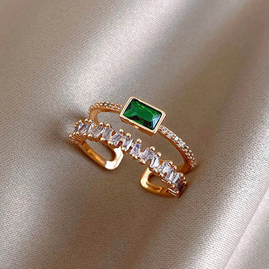 Adjustable Gold Ring with Emerald and Zirconia
