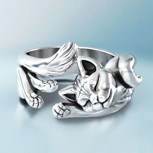 Antique-Style Silver Cat Ring