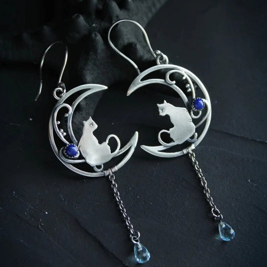 Boho Cat Earrings with Blue Zirconia in Sterling Silver