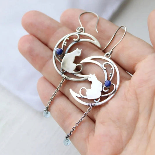 Boho Cat Earrings with Blue Zirconia in Sterling Silver