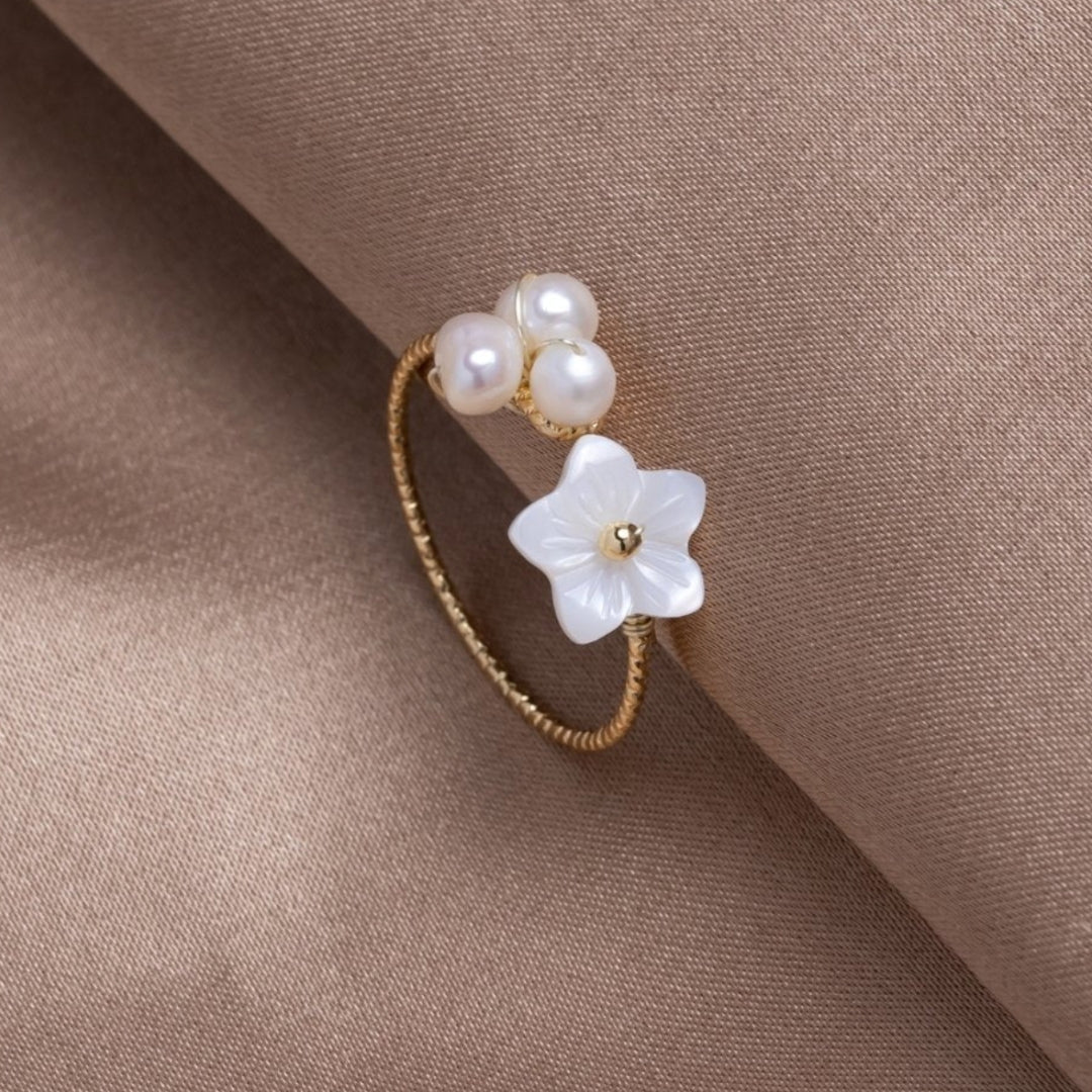 Gold Ring with White Blossom Design and Pearls