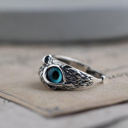 Adjustable Silver Ring with Opal Owl Design for Good Luck