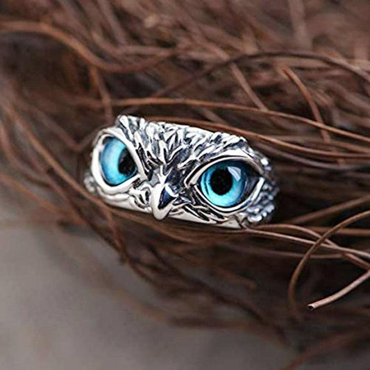 Adjustable Silver Ring with Opal Owl Design for Good Luck
