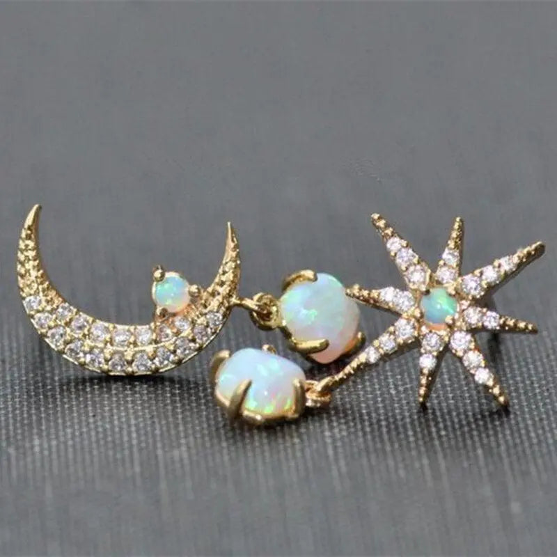 Gold and Opal Moon and Star Earrings