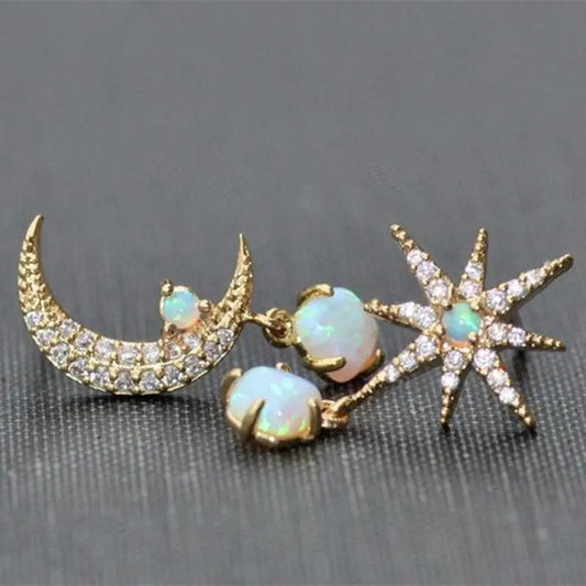 Gold and Opal Moon and Star Earrings