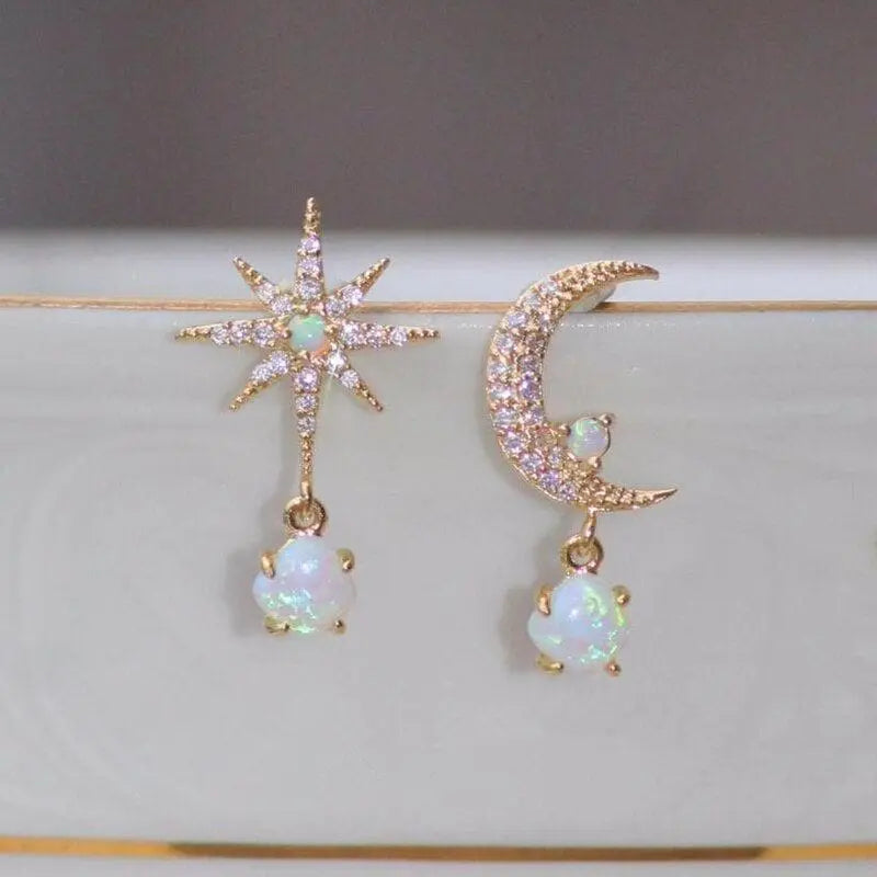 Gold and Opal Moon and Star Earrings