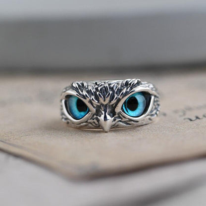 Adjustable Silver Ring with Opal Owl Design for Good Luck