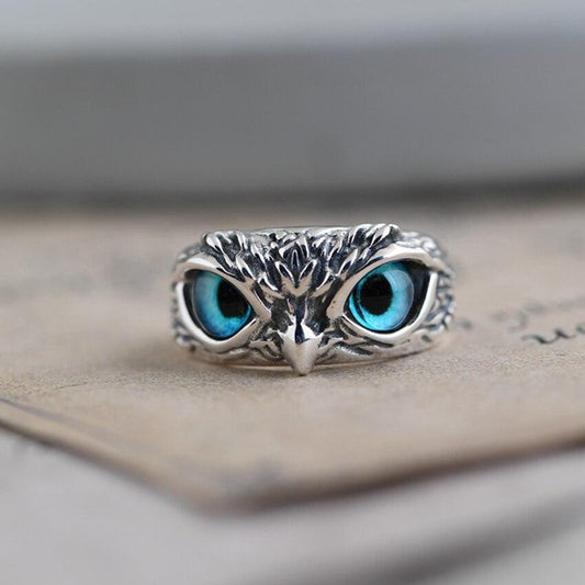 Adjustable Silver Ring with Opal Owl Design for Good Luck