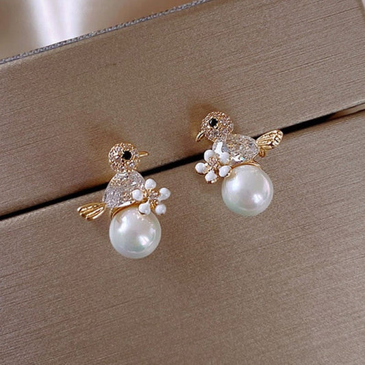 Elegant Bird Earrings with Cubic Zirconia and Pearl Inlay