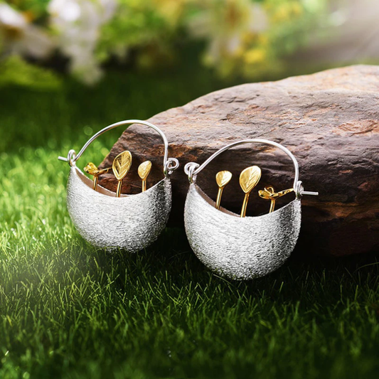 Silver Floral Basket Earrings with Gold Plating