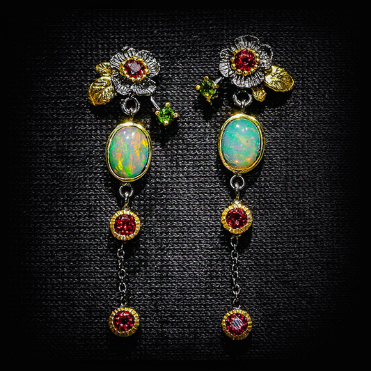 Bohemian Earrings featuring Opal and Red Zirconia