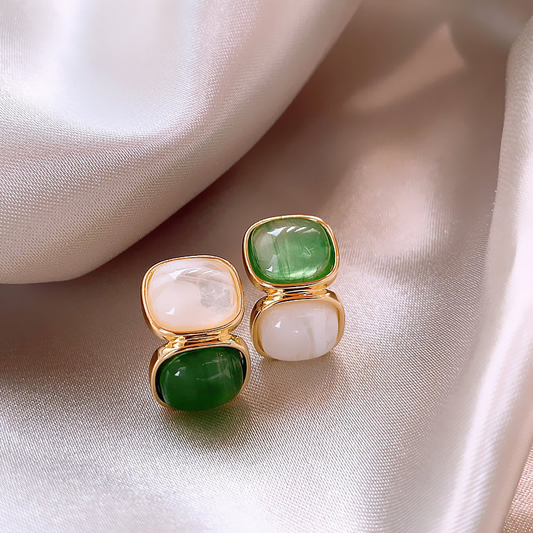 Chic Earrings Featuring White and Green Stones in Gold
