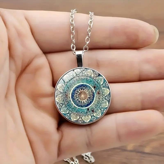 Retro Circular Blue Mandala Pendant Necklace