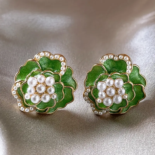 Elegant Green Enamel Earrings with Sophisticated Pearls