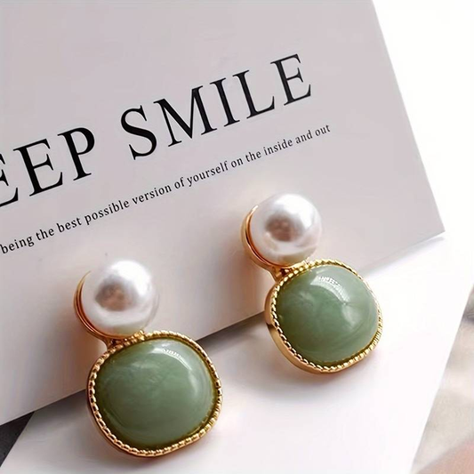 Antique Inlaid Green Stone and Pearl Earrings