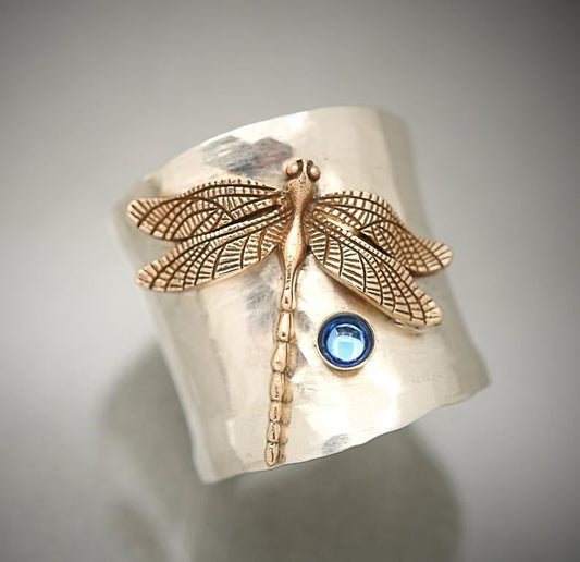 Antique-Inspired Silver Ring with Golden Dragonfly Design