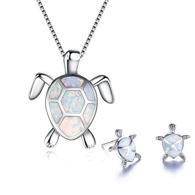 Opal and Silver Sea Turtle Necklace and Earrings Set