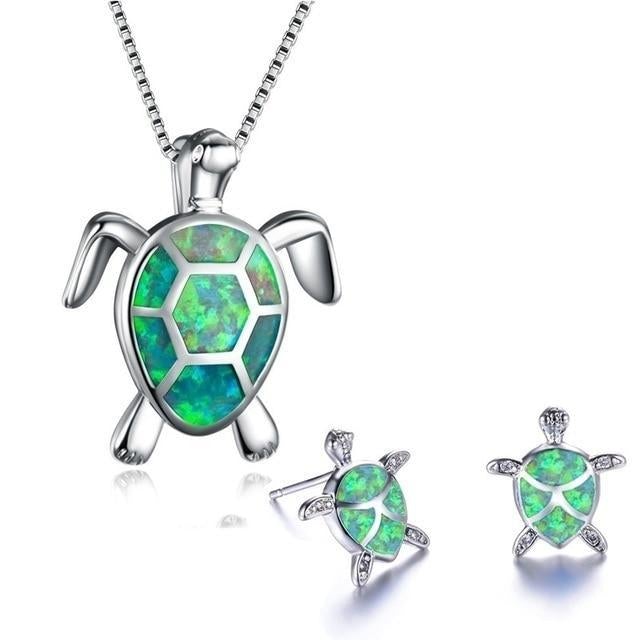 Opal and Silver Sea Turtle Necklace and Earrings Set