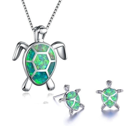 Opal and Silver Sea Turtle Necklace and Earrings Set
