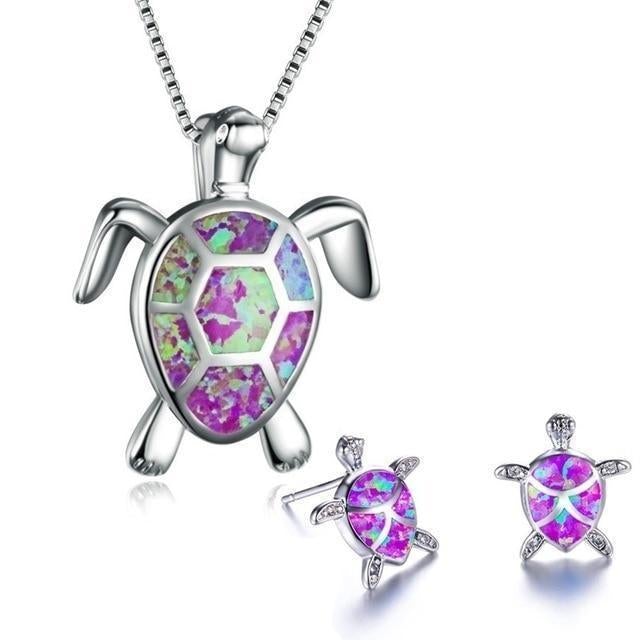 Opal and Silver Sea Turtle Necklace and Earrings Set