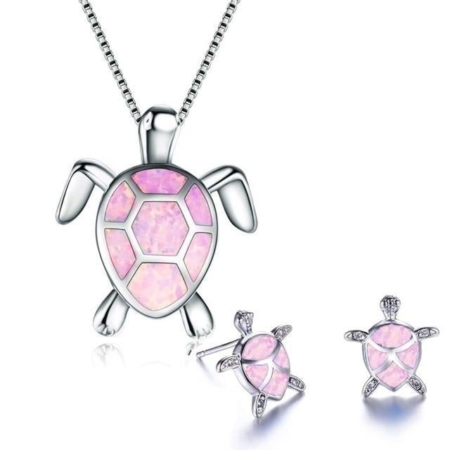 Opal and Silver Sea Turtle Necklace and Earrings Set