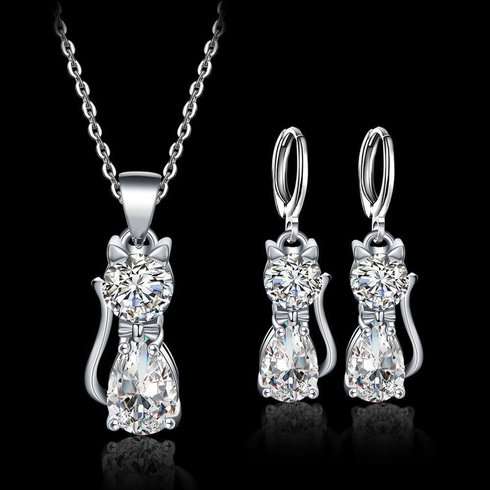 Sterling Silver Necklace and Earrings Set with Happy Cat Design and Polished White Zirconium