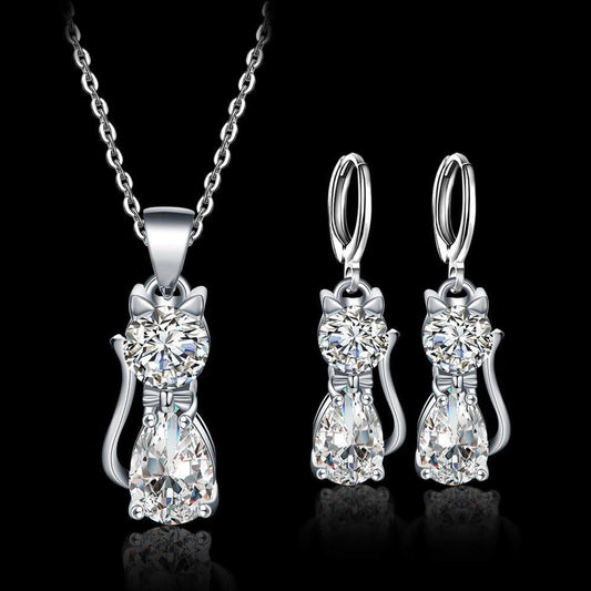 Sterling Silver Necklace and Earrings Set with Happy Cat Design and Polished White Zirconium